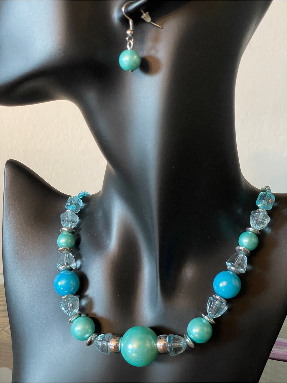 Aqua Pearl and Crystal Beaded and Pearl Necklace and Earrings Set- New Old Stock